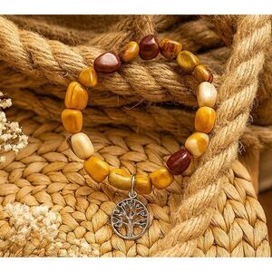 Sacred Stones Mookaite Jasper Brown Silver Tone Charm Stretchy Beaded Bracelet